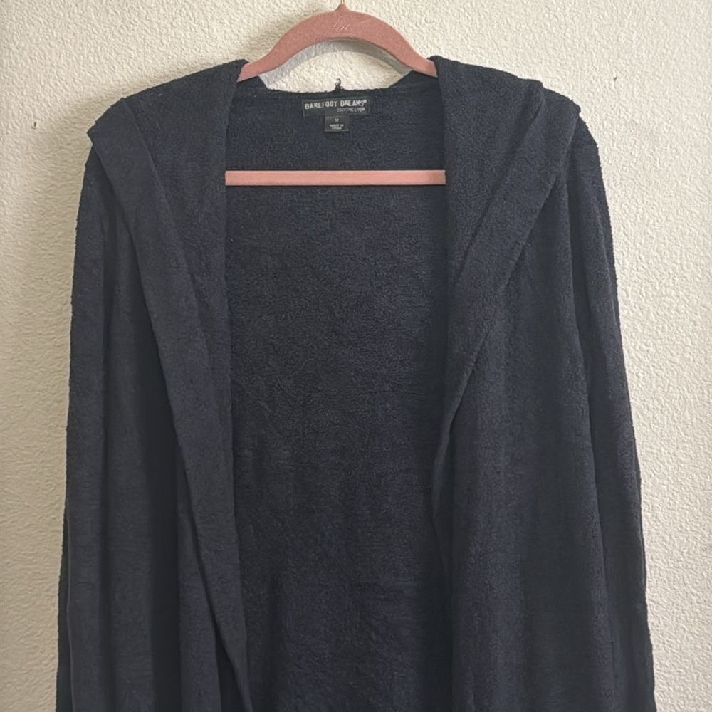 Barefoot Dreams Cozychic Lite Size M Cardigan Hoodie Black Pockets Loungewear - Picture 2 of 5